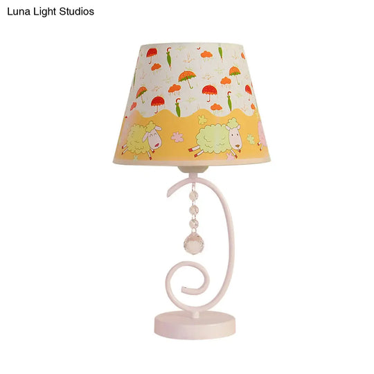 White Cartoon Night Lamp With Crystal Drop And Fun Animal Patterns Barrel Table Light