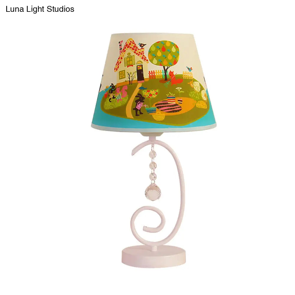 White Cartoon Night Lamp With Crystal Drop And Fun Animal Patterns Barrel Table Light