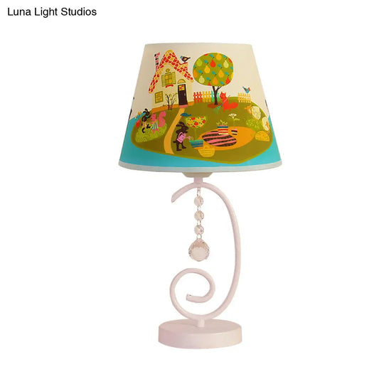 White Cartoon Night Lamp With Crystal Drop And Fun Animal Patterns Barrel Table Light