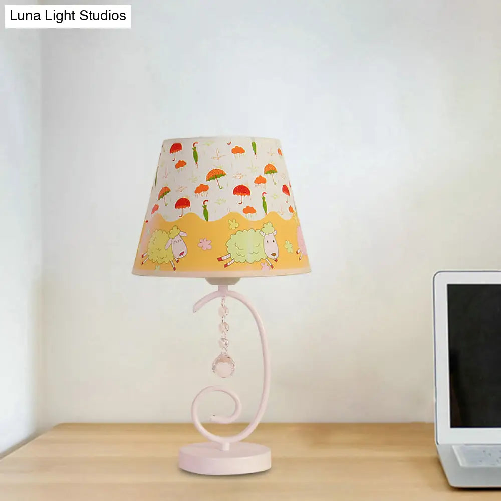 White Cartoon Night Lamp With Crystal Drop And Fun Animal Patterns Barrel Table Light