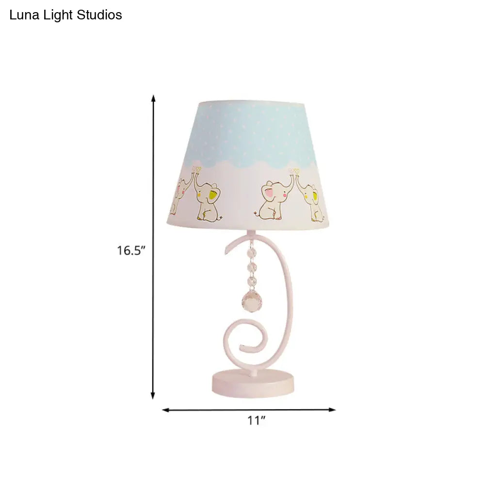 White Cartoon Night Lamp With Crystal Drop And Fun Animal Patterns Barrel Table Light