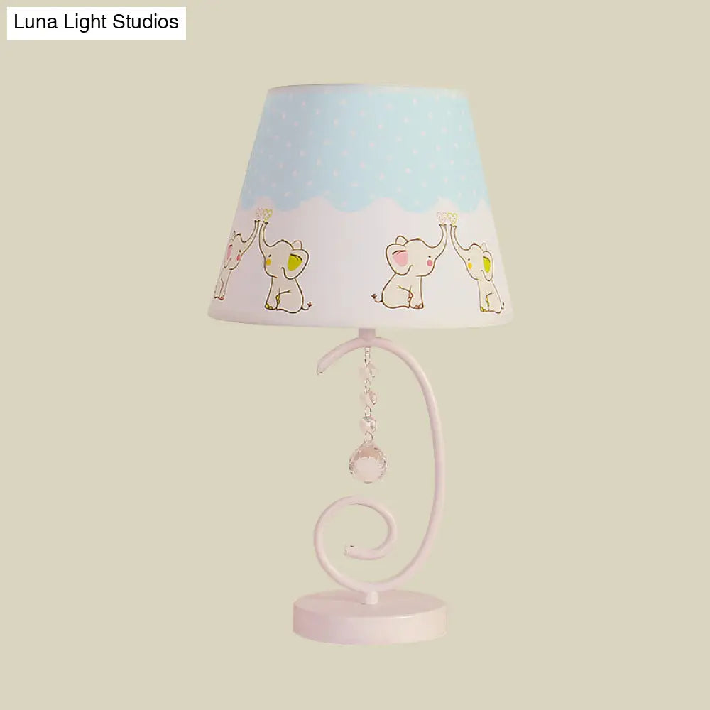 White Cartoon Night Lamp With Crystal Drop And Fun Animal Patterns Barrel Table Light