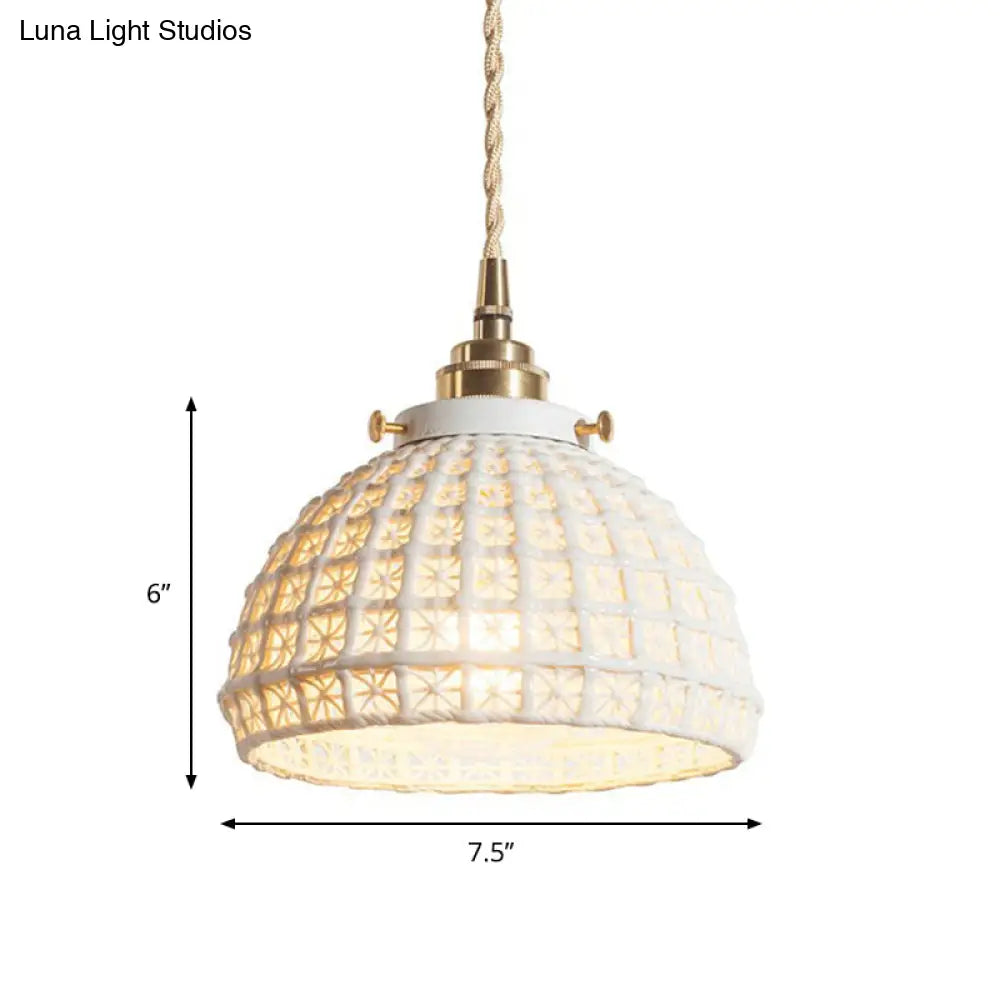 White Ceramic Domed Basket Pendant Lamp - Modern 1-Head Hanging Light For Kitchen Hallway