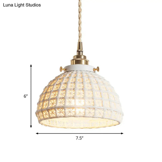 White Ceramic Domed Basket Pendant Lamp - Modern 1-Head Hanging Light For Kitchen Hallway