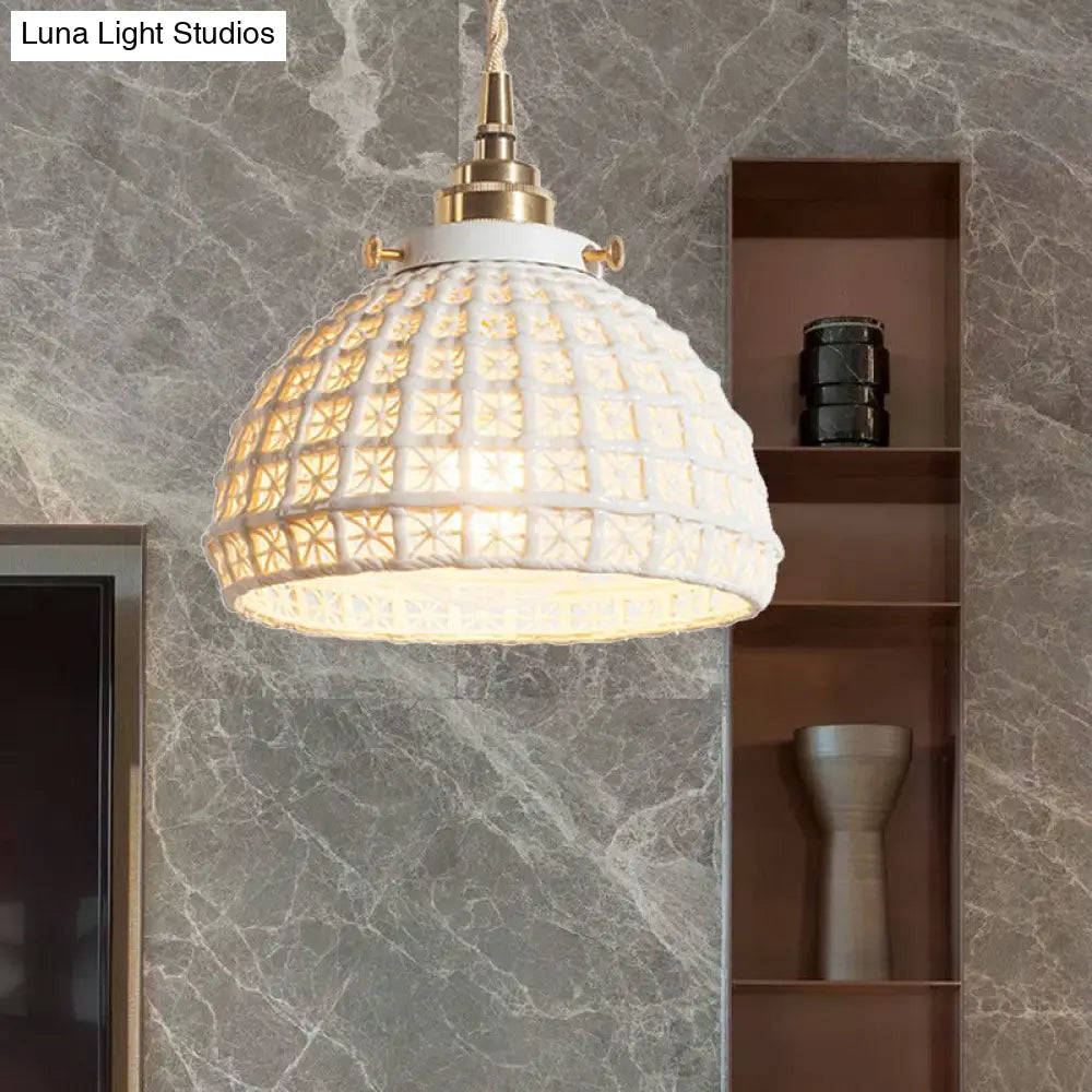 White Ceramic Domed Basket Pendant Lamp - Modern 1-Head Hanging Light For Kitchen Hallway