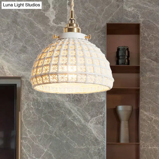 White Ceramic Domed Basket Pendant Lamp - Modern 1-Head Hanging Light For Kitchen Hallway