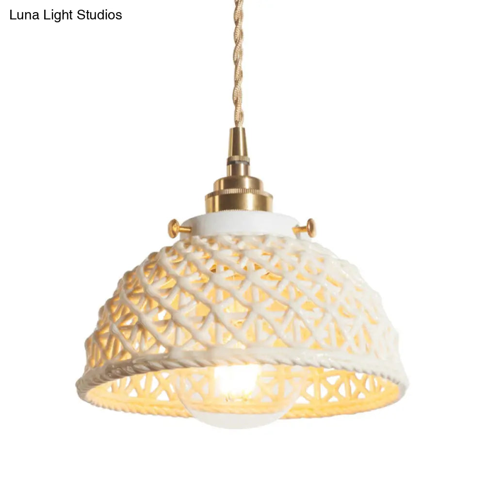 Modern Ceramic Domed Pendant Lamp - White Single Head Hanging Light For Kitchen & Hallway