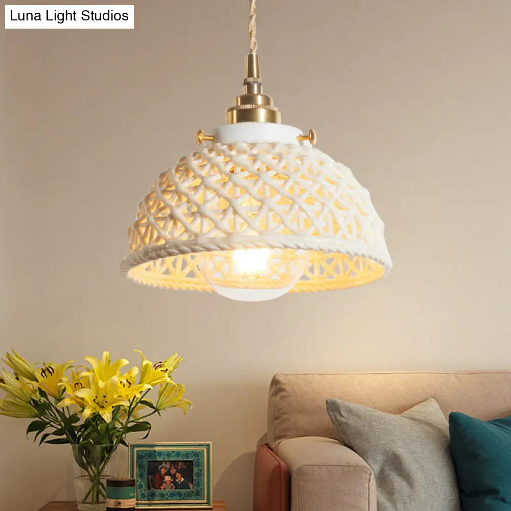 Modern Ceramic Domed Pendant Lamp - White Single Head Hanging Light For Kitchen & Hallway