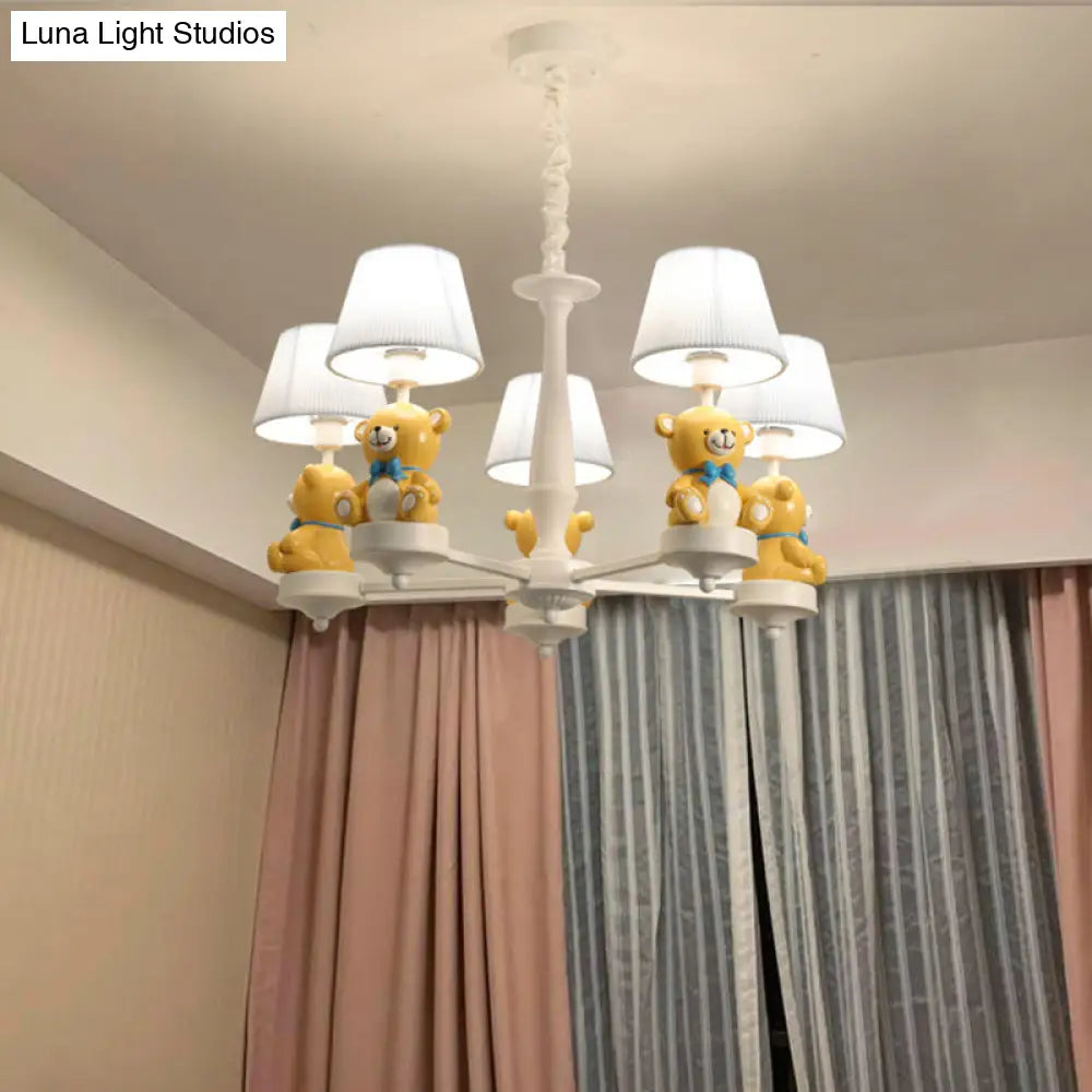 White Chandelier Light With Cartoon Fabric Bear Figurine - Perfect For Childs Room