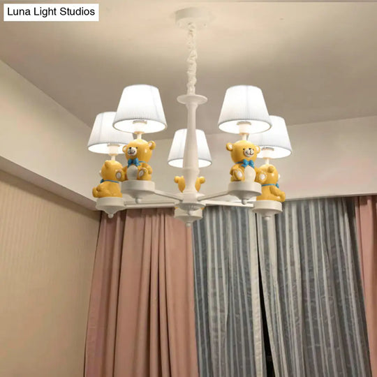 White Chandelier Light With Cartoon Fabric Bear Figurine - Perfect For Childs Room