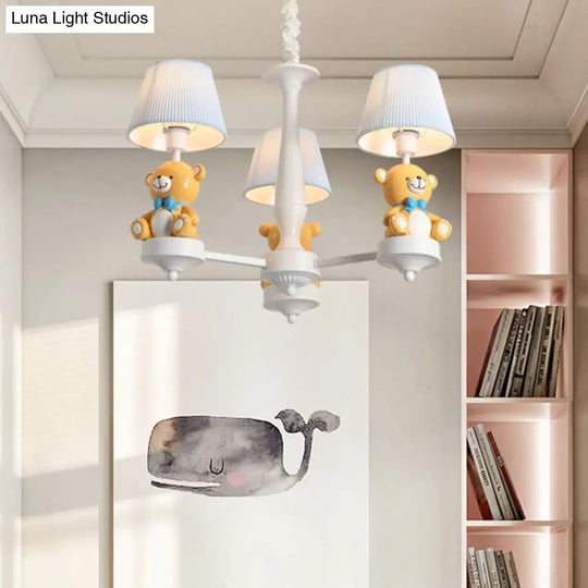 White Chandelier Light With Cartoon Fabric Bear Figurine - Perfect For Childs Room