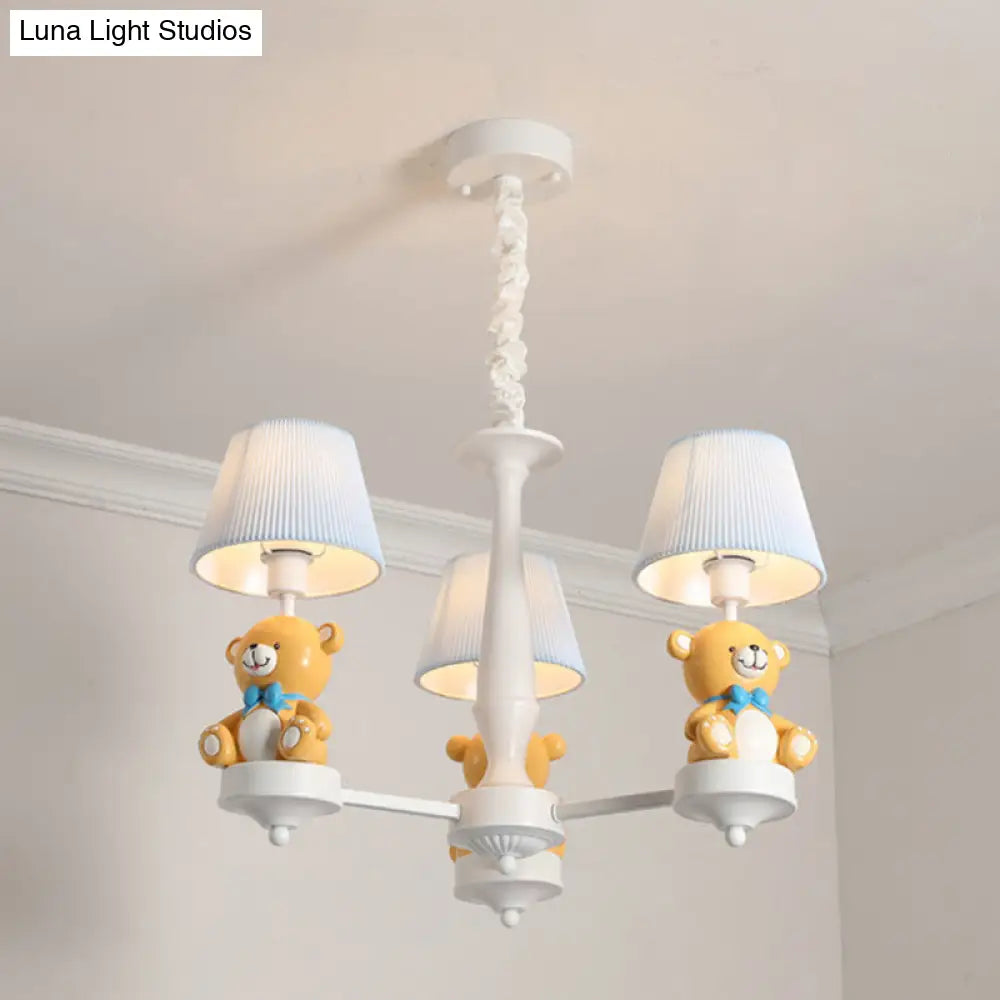 White Chandelier Light With Cartoon Fabric Bear Figurine - Perfect For Childs Room