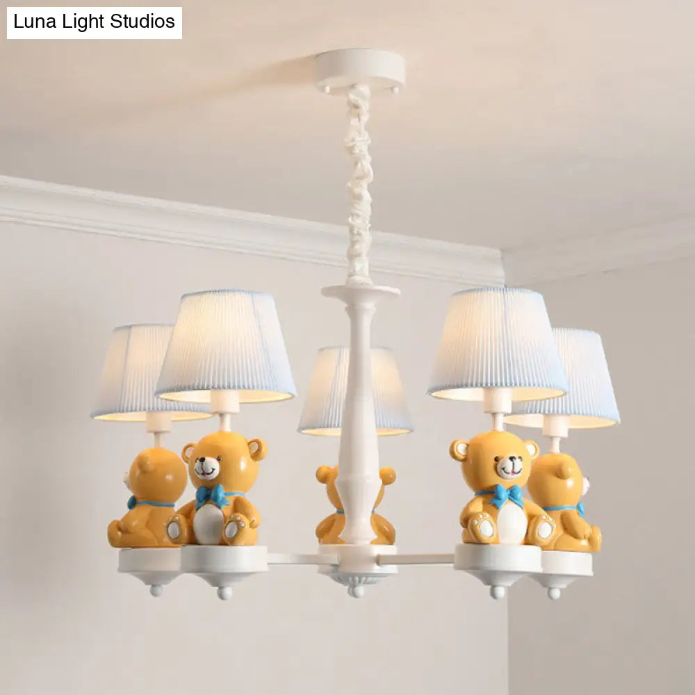 White Chandelier Light With Cartoon Fabric Bear Figurine - Perfect For Childs Room