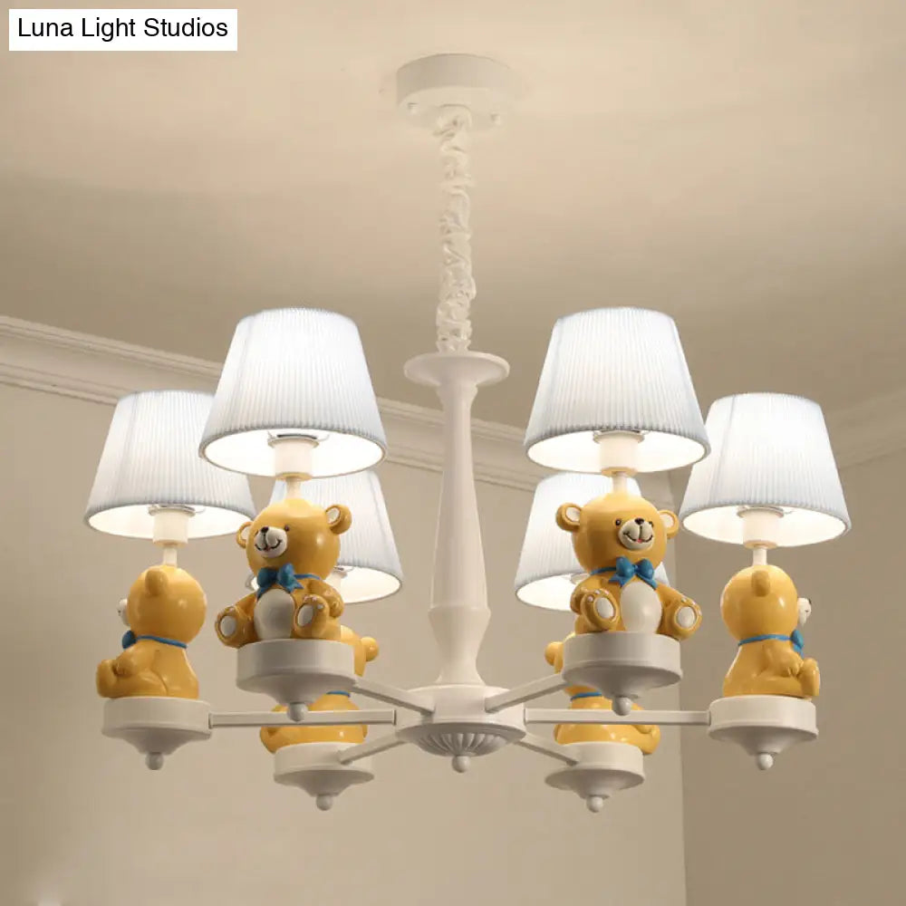 White Chandelier Light With Cartoon Fabric Bear Figurine - Perfect For Childs Room