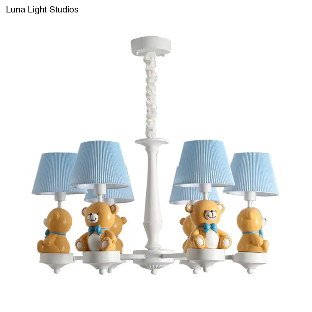 White Chandelier Light With Cartoon Fabric Bear Figurine - Perfect For Childs Room