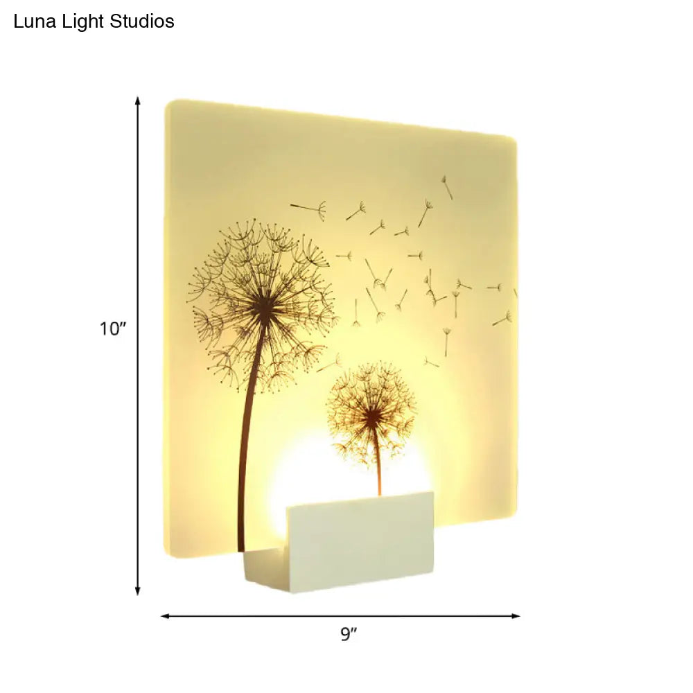 White Chinese Square Acrylic Wall Mural Lamp Led Fixture With Dandelion Pattern: Stylish Mount Light