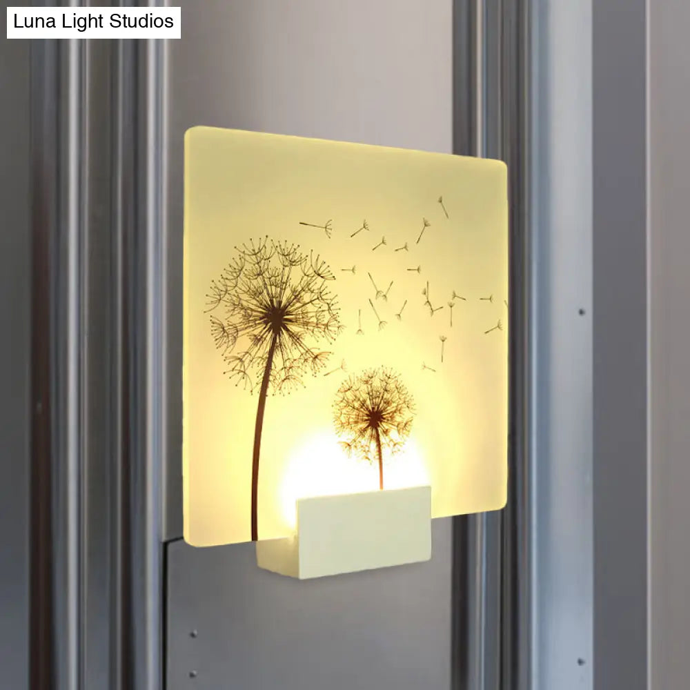 White Chinese Square Acrylic Wall Mural Lamp Led Fixture With Dandelion Pattern: Stylish Mount Light