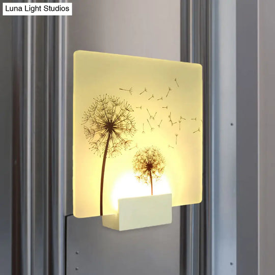 White Chinese Square Acrylic Wall Mural Lamp Led Fixture With Dandelion Pattern: Stylish Mount Light