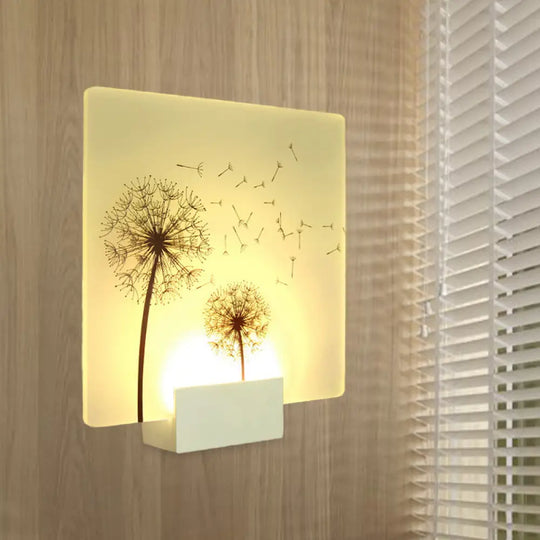 White Chinese Square Acrylic Wall Mural Lamp Led Fixture With Dandelion Pattern: Stylish Mount Light