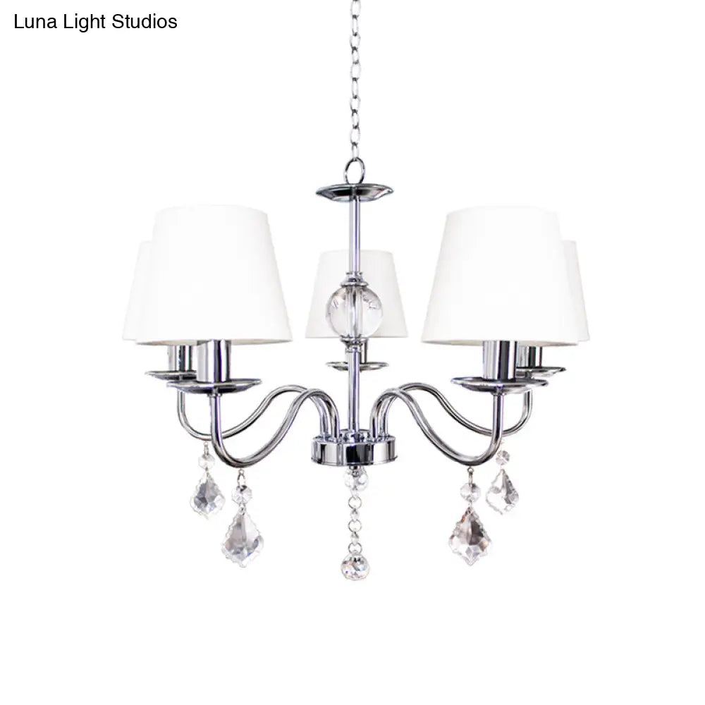 White-Chrome Fabric Cone Chandelier With Crystal Pendeloques - Modern Style 5 Heads