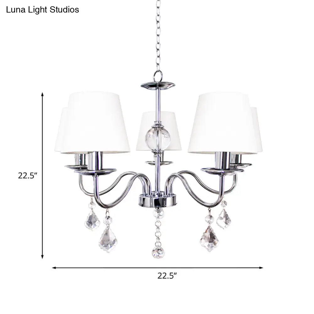 White-Chrome Fabric Cone Chandelier With Crystal Pendeloques - Modern Style 5 Heads