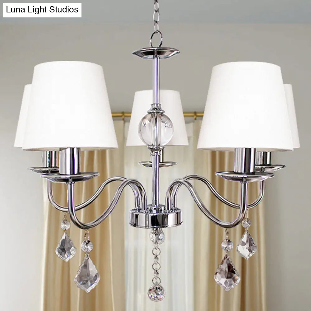 White-Chrome Fabric Cone Chandelier With Crystal Pendeloques - Modern Style 5 Heads