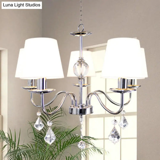 White-Chrome Fabric Cone Chandelier With Crystal Pendeloques - Modern Style 5 Heads