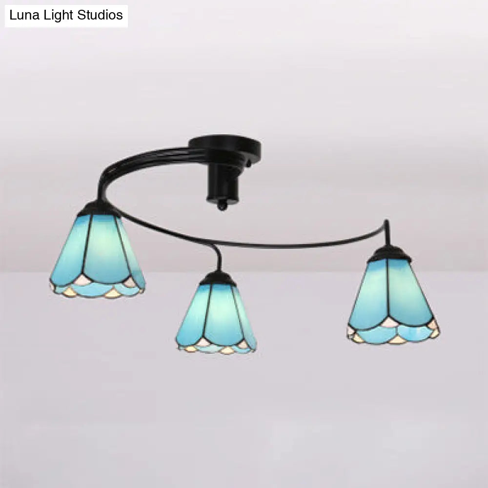 Tiffany Style Stained Glass Semi Flushmount Ceiling Light - 3 Lights White/Clear/Blue Shade Blue