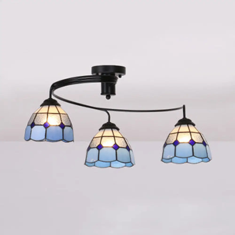 White/Clear/Blue Tiffany Style Stained Glass Semi Flush Ceiling Light With 3 Lights Clear