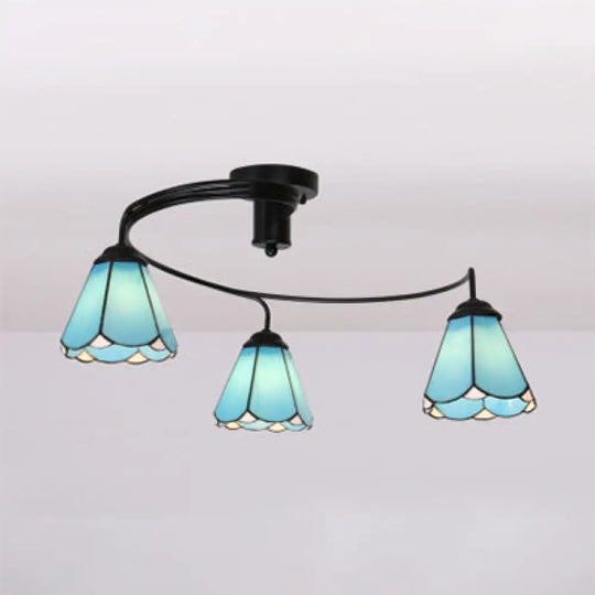 White/Clear/Blue Tiffany Style Stained Glass Semi Flush Ceiling Light With 3 Lights Blue