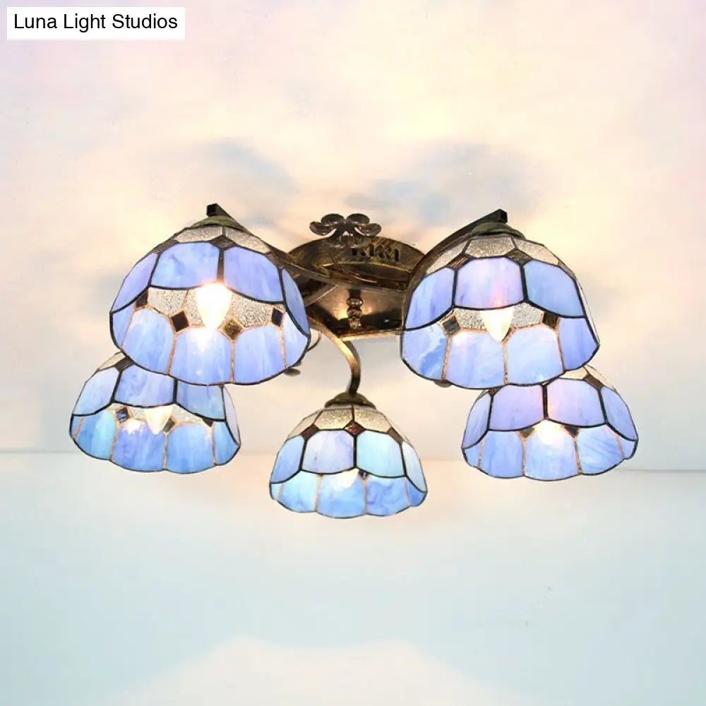 White/Clear Stained Glass Dome Semi Flushmount: 5-Light Mediterranean Flush Light For Bedroom Clear