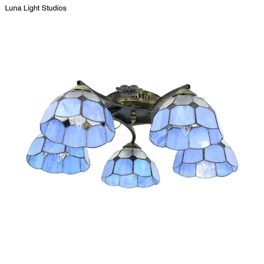 White/Clear Stained Glass Dome Semi Flushmount: 5-Light Mediterranean Flush Light For Bedroom