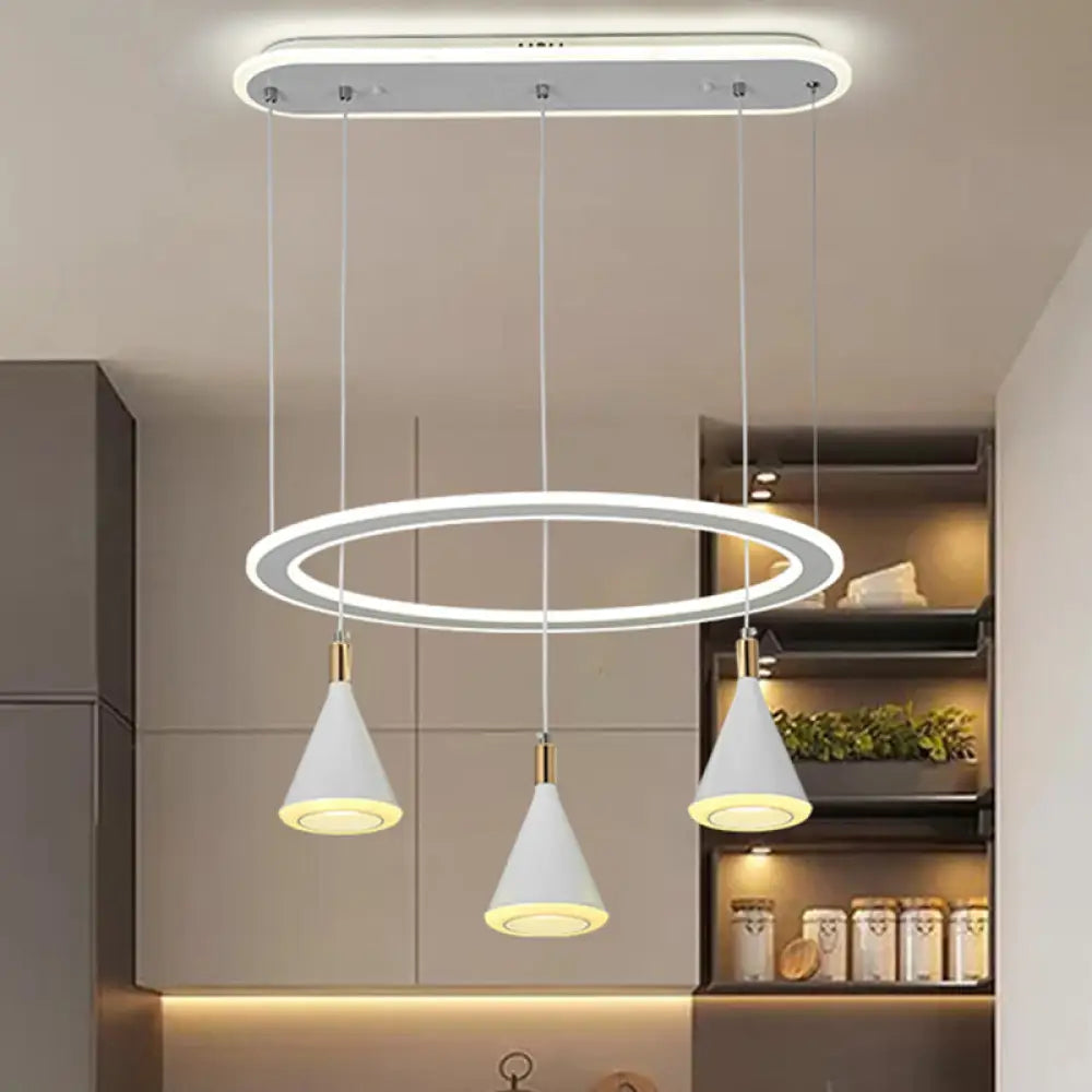 White Cone Led Pendant Light Kit With Loop Shelf - Minimalist 3-Light Acrylic Hanging Lamp