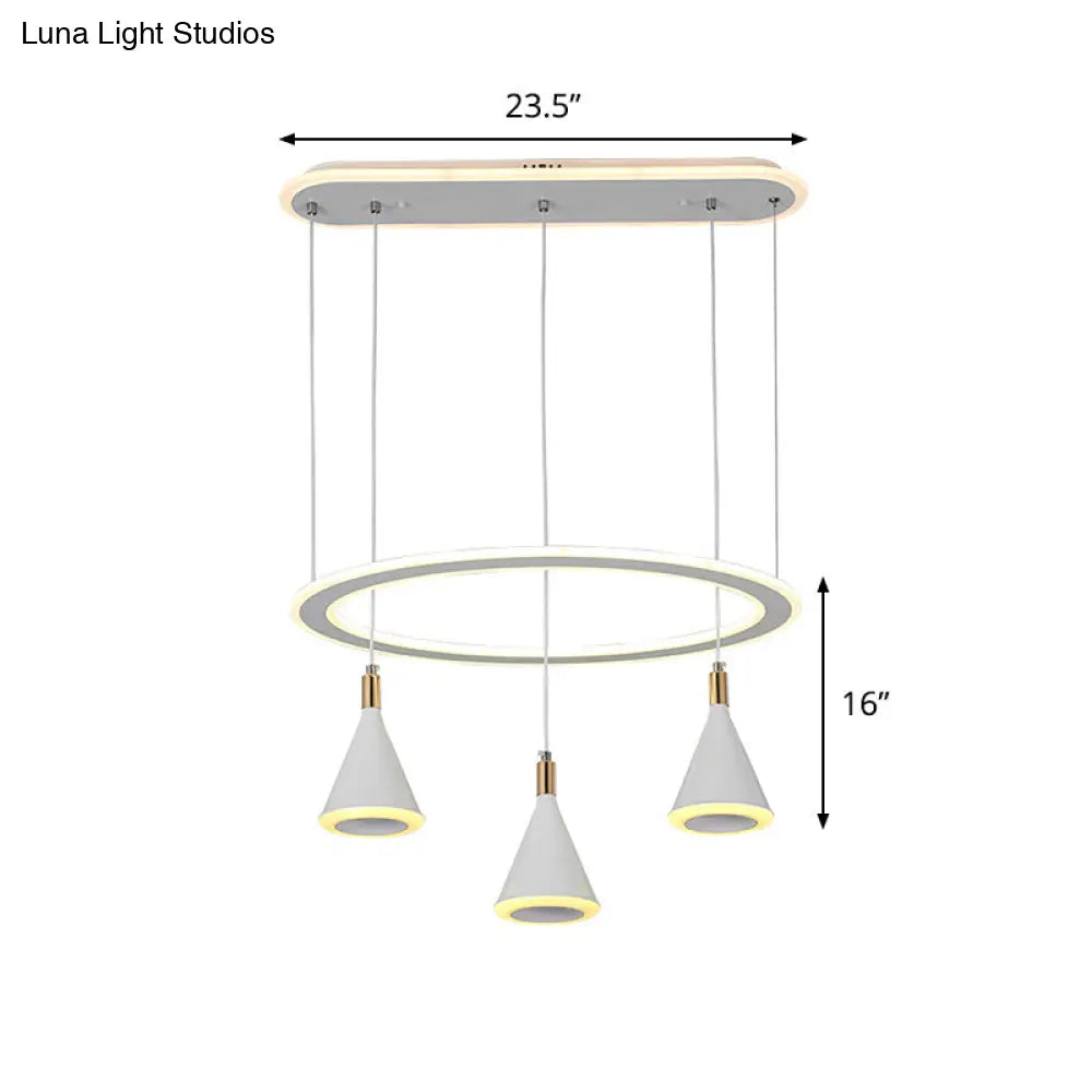 Minimalist 3-Light Led Pendant With White Cone Design And Acrylic Hanging Kit