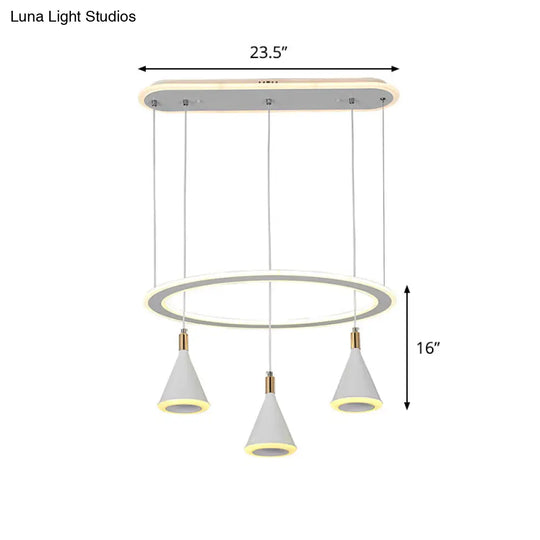 Minimalist 3-Light Led Pendant With White Cone Design And Acrylic Hanging Kit