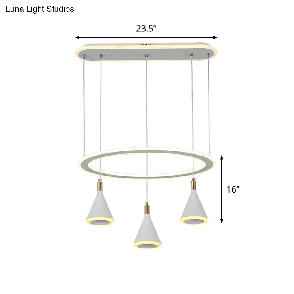 White Cone Led Pendant Light Kit With Loop Shelf - Minimalist 3-Light Acrylic Hanging Lamp