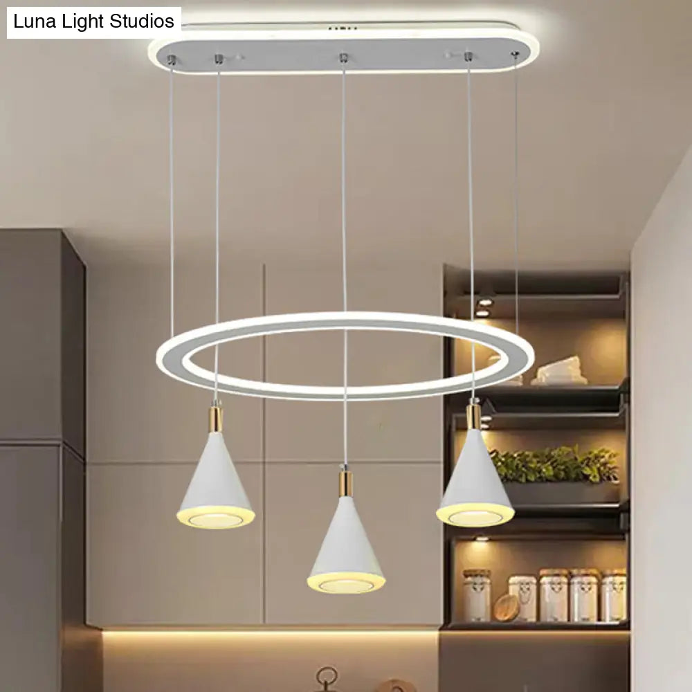 Minimalist 3-Light Led Pendant With White Cone Design And Acrylic Hanging Kit