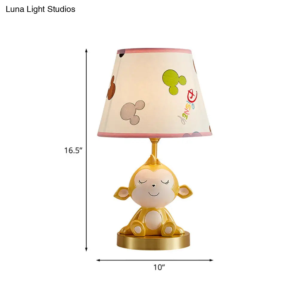 White Cone Nightstand Table Lamp With Cartoon Print Gold Monkey Base