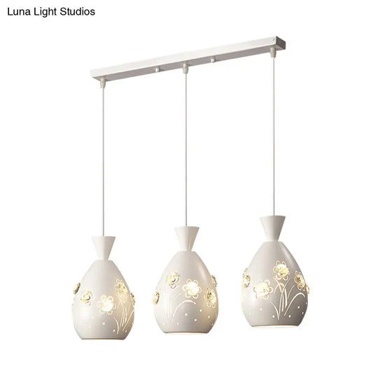 White Cone Pendant Light Set With Laser-Cut Floral Design – Modern 3-Light Iron Lamp