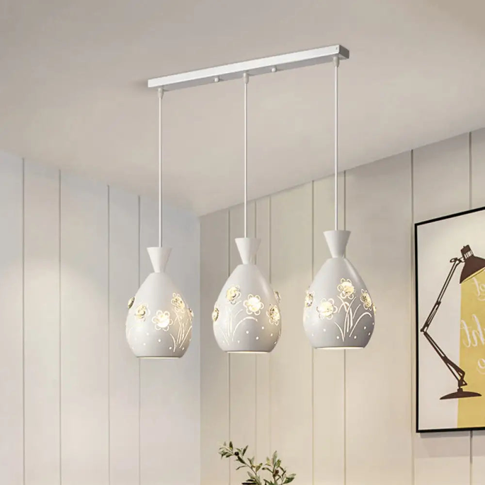 White Cone Pendant Light Set With Laser-Cut Floral Design – Modern 3-Light Iron Lamp