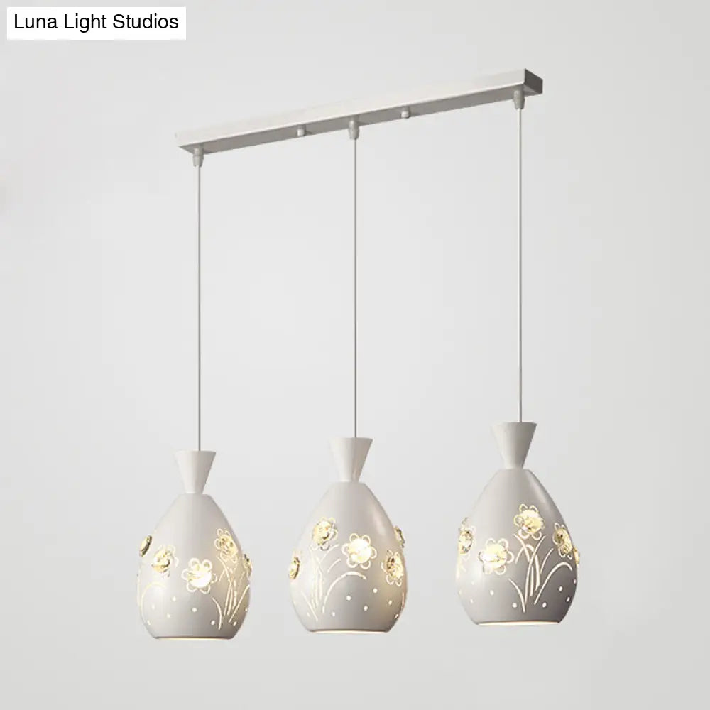 White Cone Pendant Light Set With Laser-Cut Floral Design – Modern 3-Light Iron Lamp