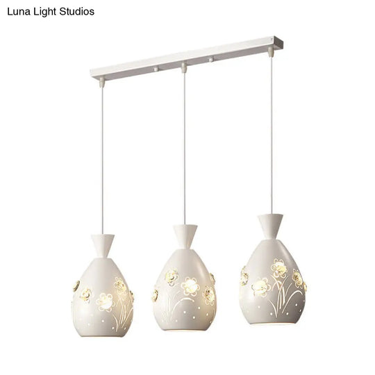 Modern White Cone Pendant Light With Laser-Cut Floral Design 3-Light Iron Hanging Lamp