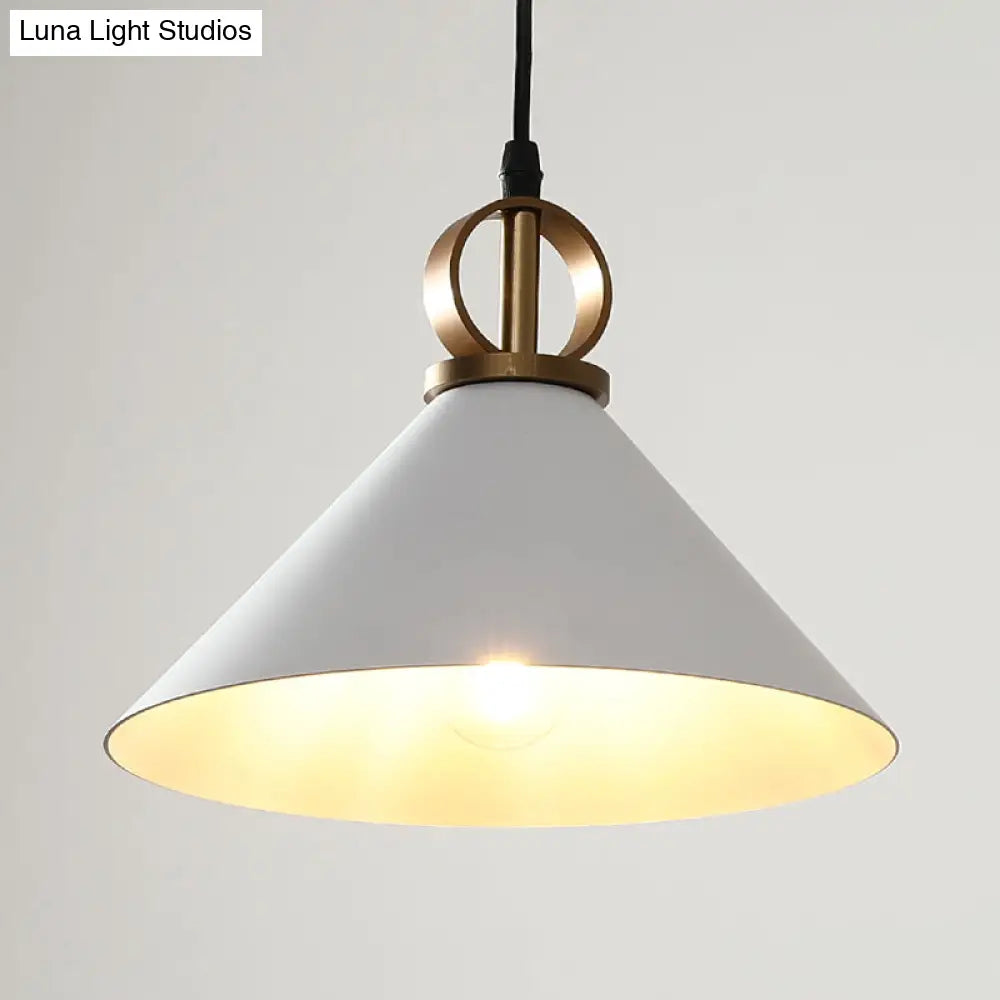 White Conical Dining Table Suspension Pendant Light With Minimalist Metal Design And Ring Knob