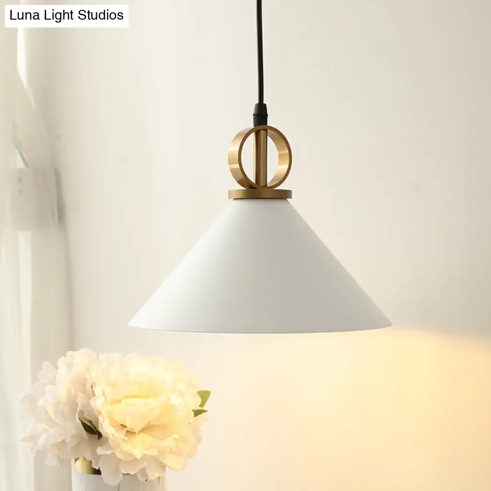 Minimalist White Conical Dining Table Pendant Lamp With Ring Knob