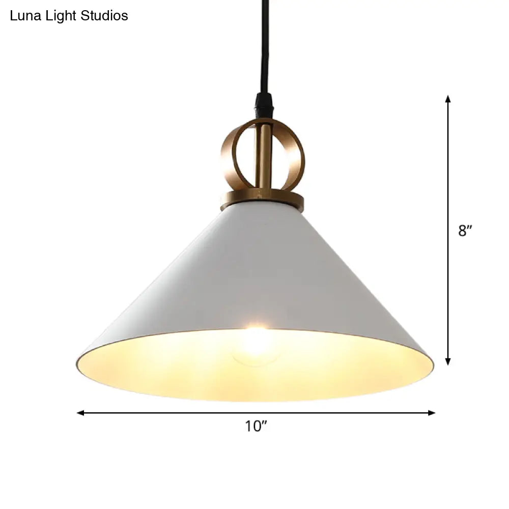 White Conical Dining Table Suspension Pendant Light With Minimalist Metal Design And Ring Knob