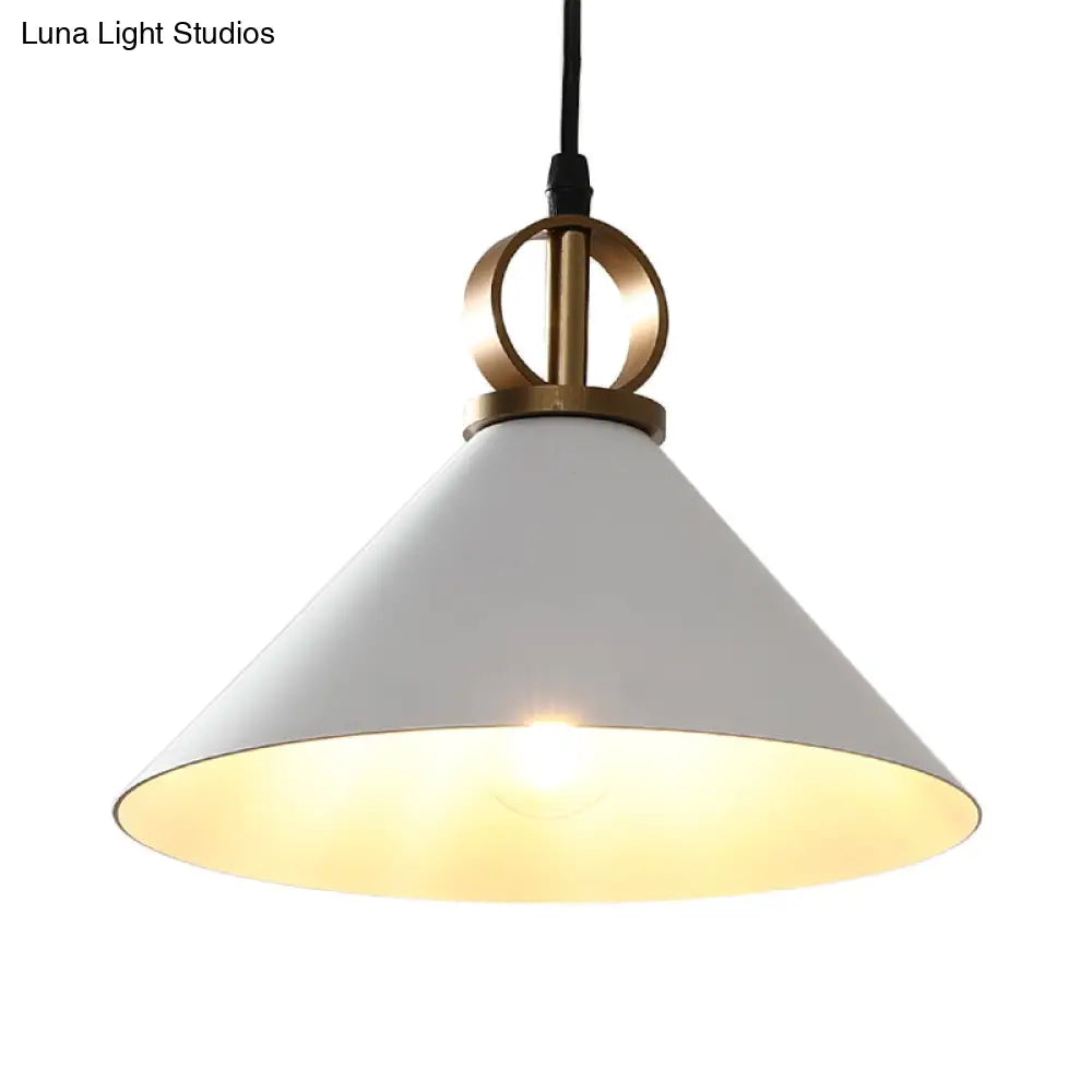 White Conical Dining Table Suspension Pendant Light With Minimalist Metal Design And Ring Knob