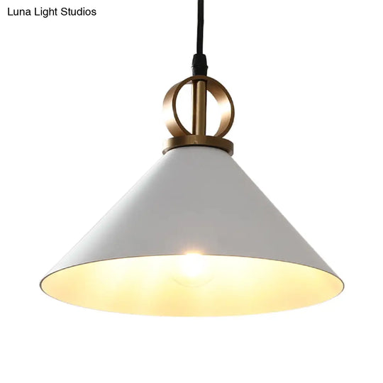 White Conical Dining Table Suspension Pendant Light With Minimalist Metal Design And Ring Knob