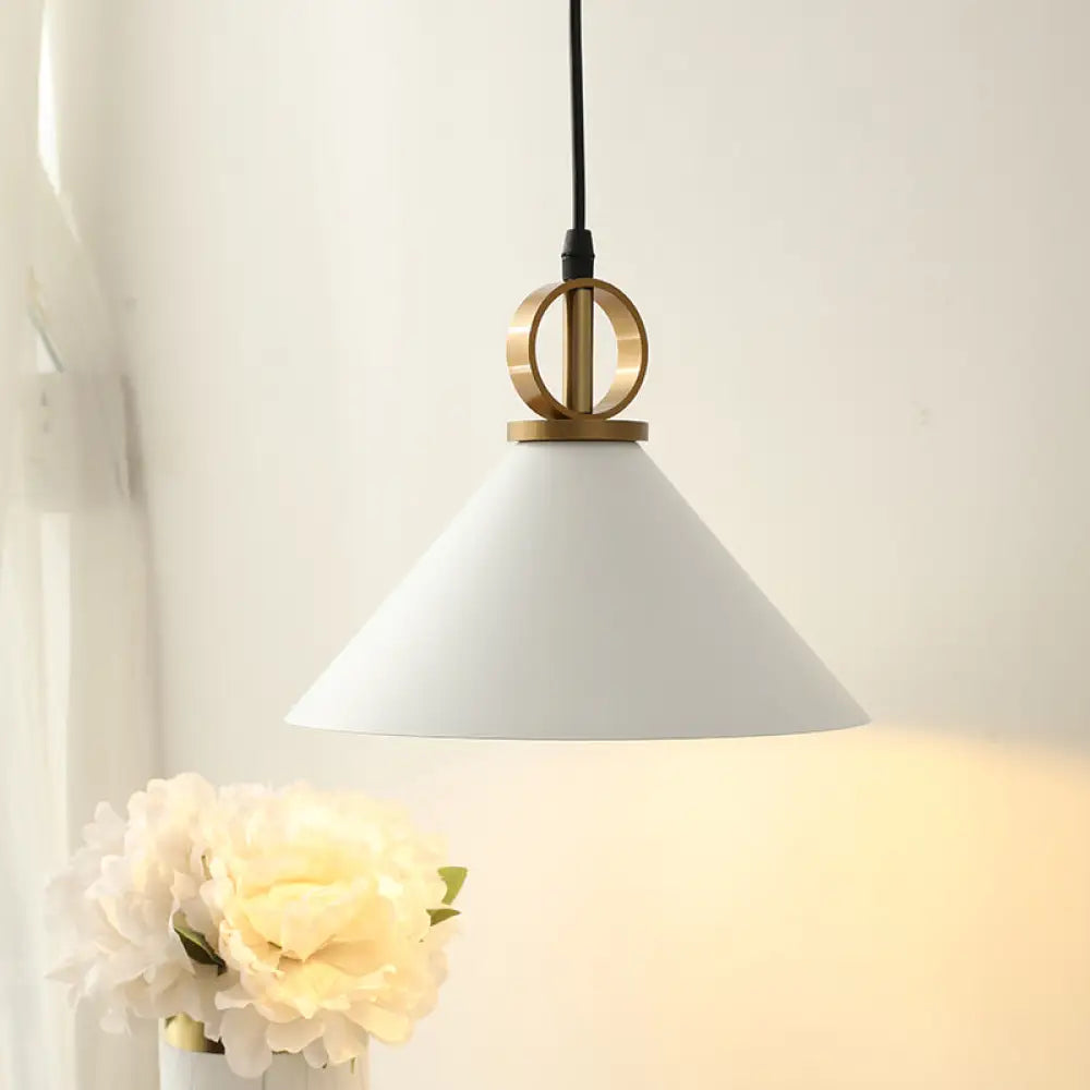 White Conical Dining Table Suspension Pendant Light With Minimalist Metal Design And Ring Knob