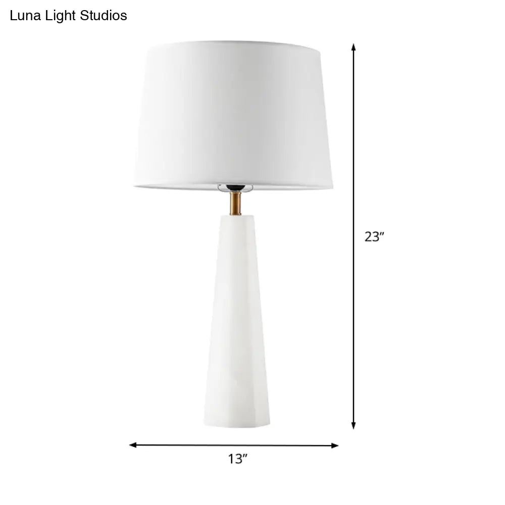 White Contemporary Desk Lamp With Fabric Shade - 1 Bulb Tapered Drum Night Table Light