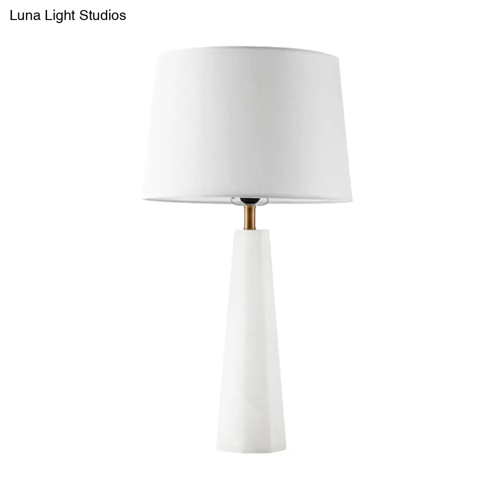 White Contemporary Desk Lamp With Fabric Shade - 1 Bulb Tapered Drum Night Table Light